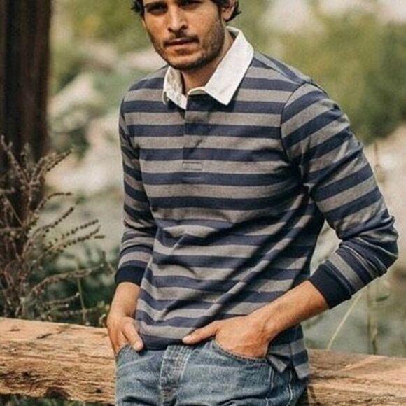 Taylor Stitch The Heavy Bag Rugby in Navy Stripe Collared Henley Shirt Size S/38 - Picture 6 of 7